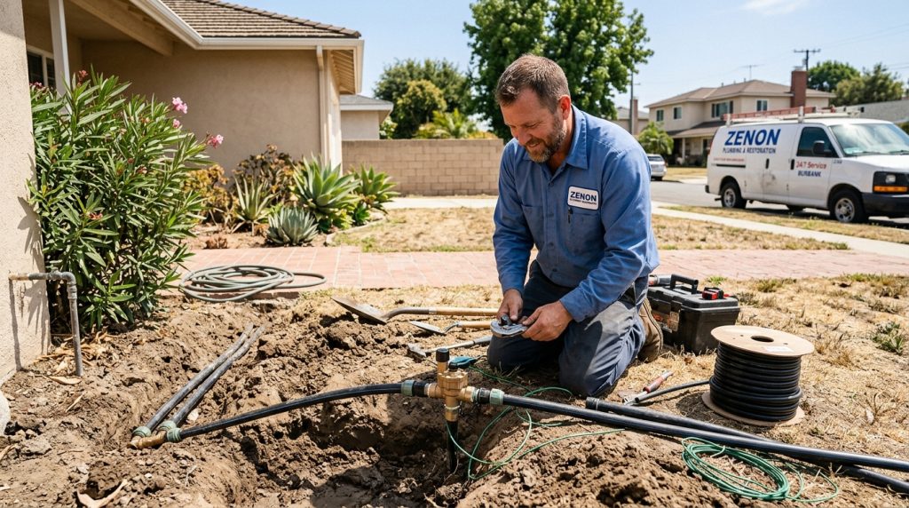 Drain cleaning equipment prepared for a residential plumbing inspection