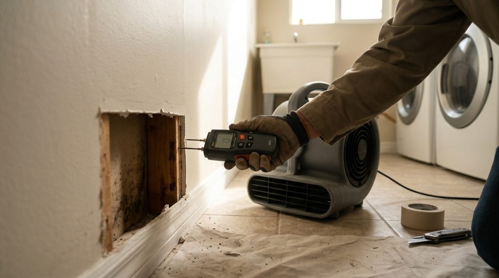 Plumbing technician using leak detection equipment inside a home