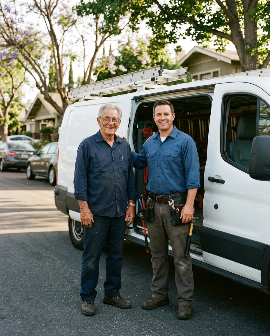 Ed and his father, beside the van