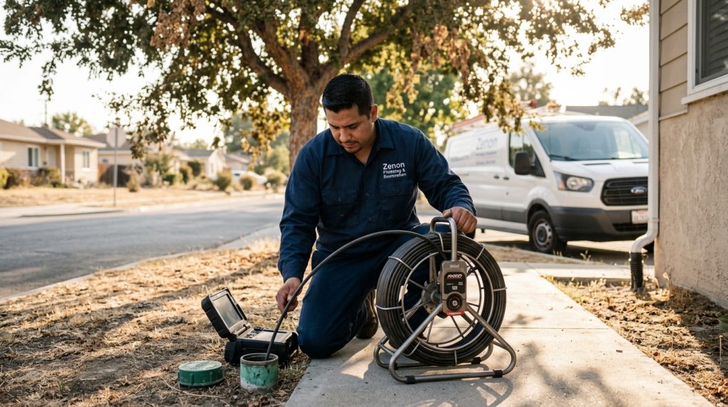 Drain cleaning equipment prepared for a residential plumbing inspection