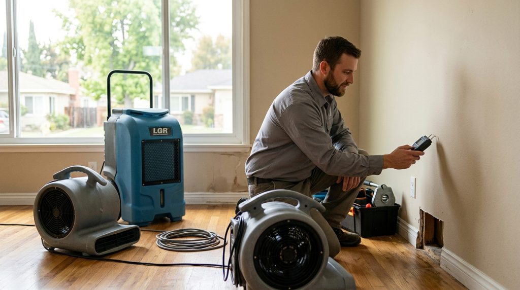 Drying equipment in a home after plumbing-related water damage