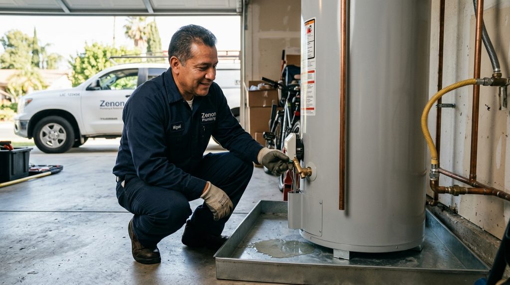 Plumbing technician using leak detection equipment inside a home