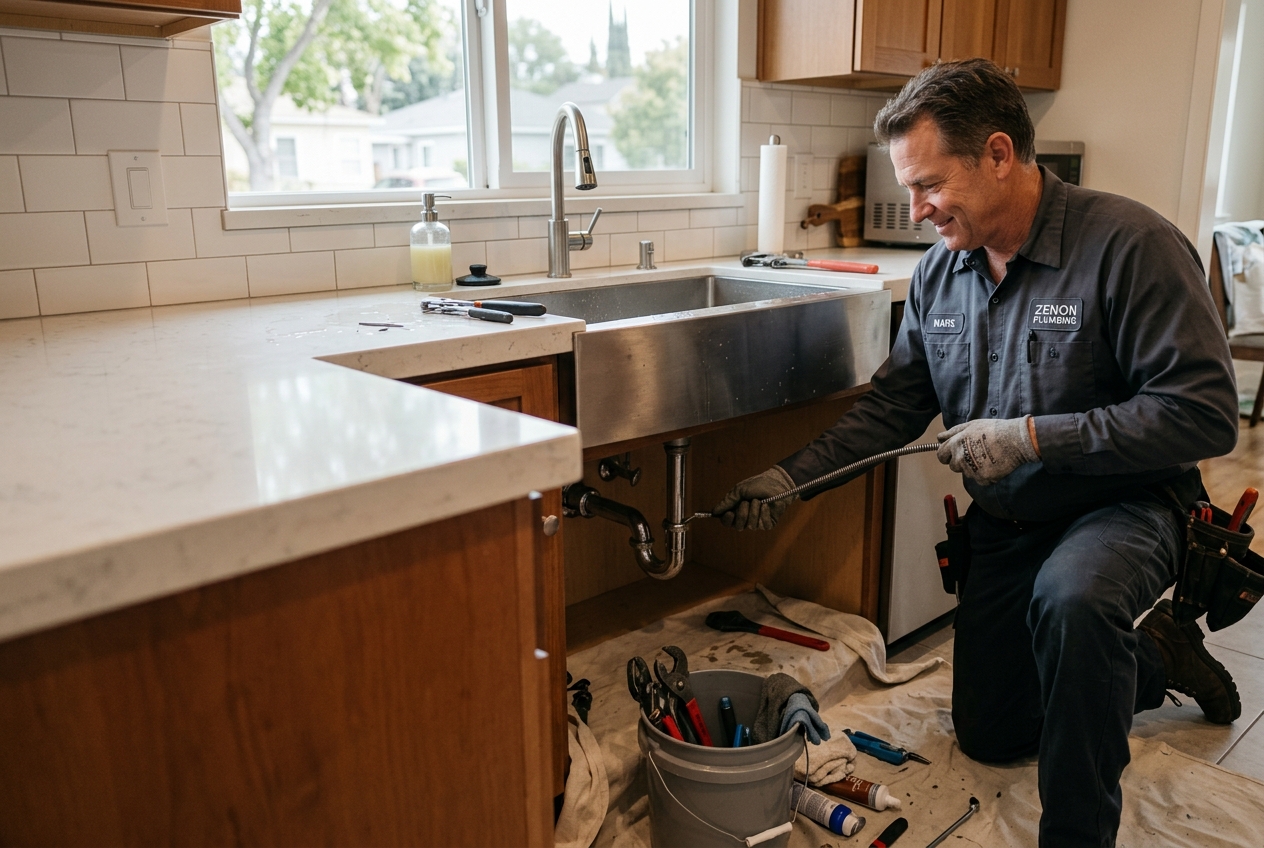 Zenon plumber handling drain cleaning in Burbank home