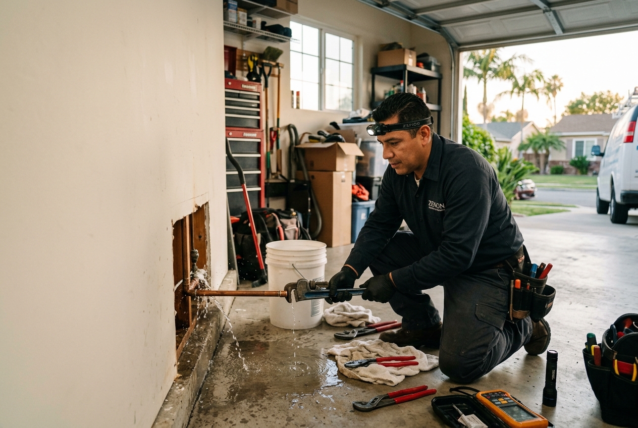 Zenon plumber handling emergency plumbing in Burbank home