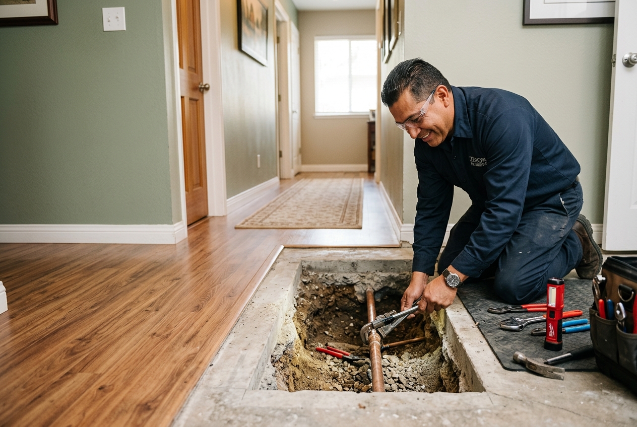 Zenon plumber handling slab leak repair in Burbank home