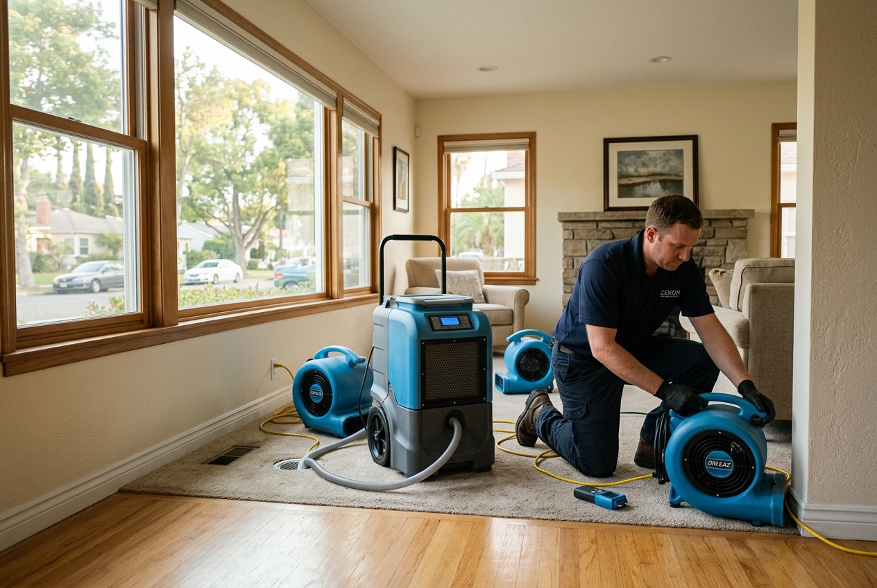 Zenon plumber handling water damage restoration in Burbank home