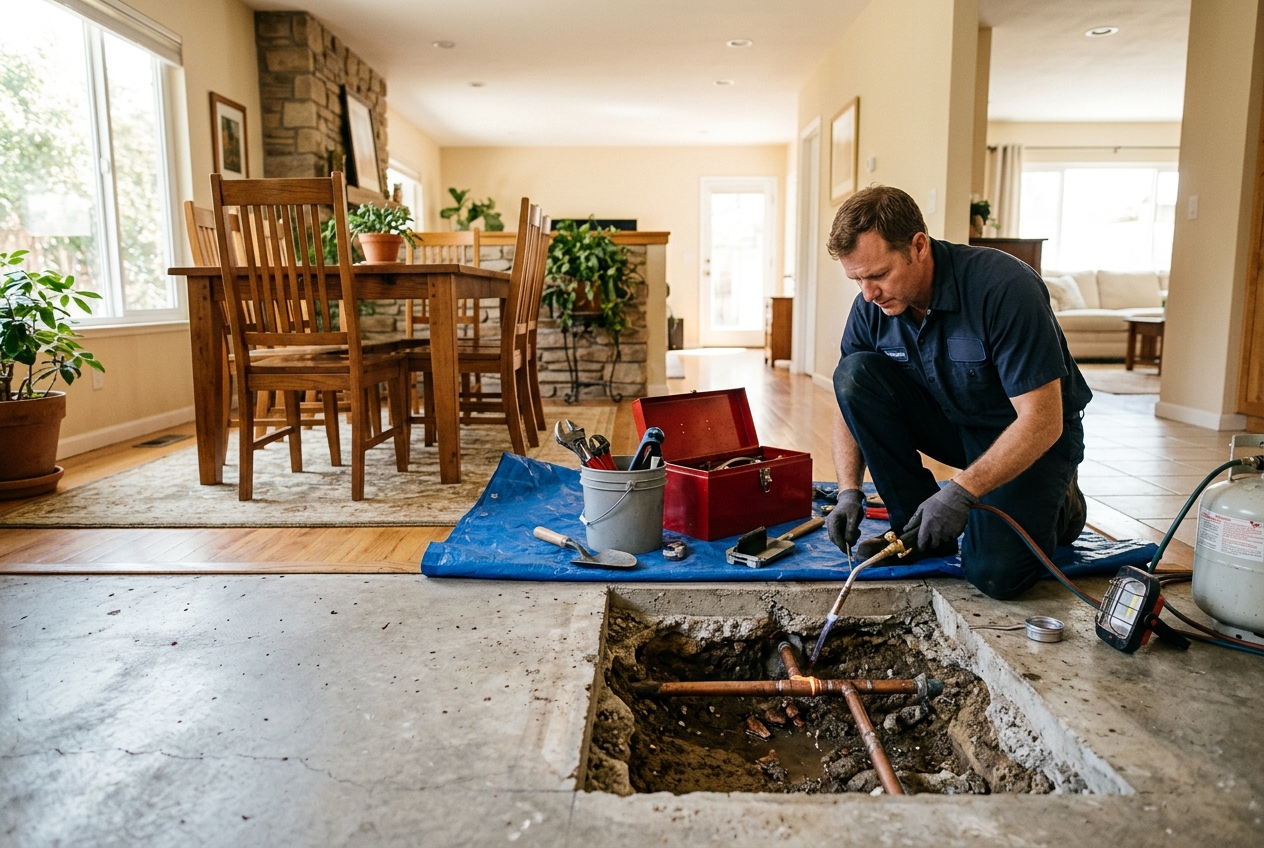 Zenon plumber handling slab leak repair in Glendale home