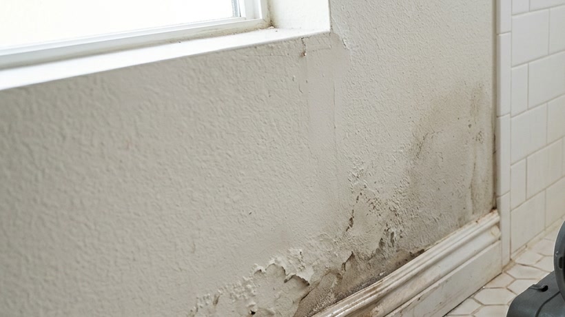 Wet drywall near a baseboard after a residential pipe leak
