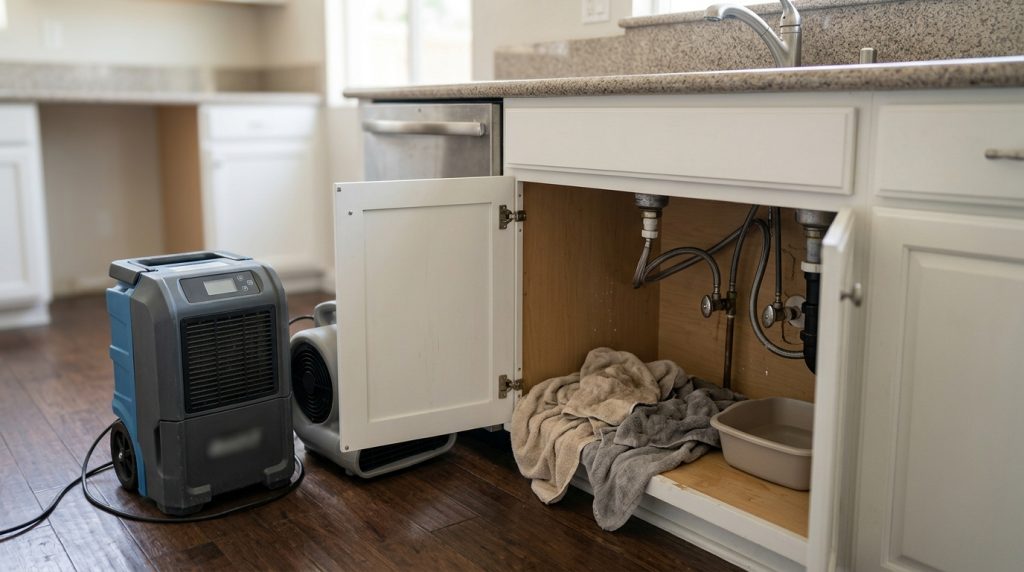 Open under-sink cabinet with drying equipment after a supply line leak