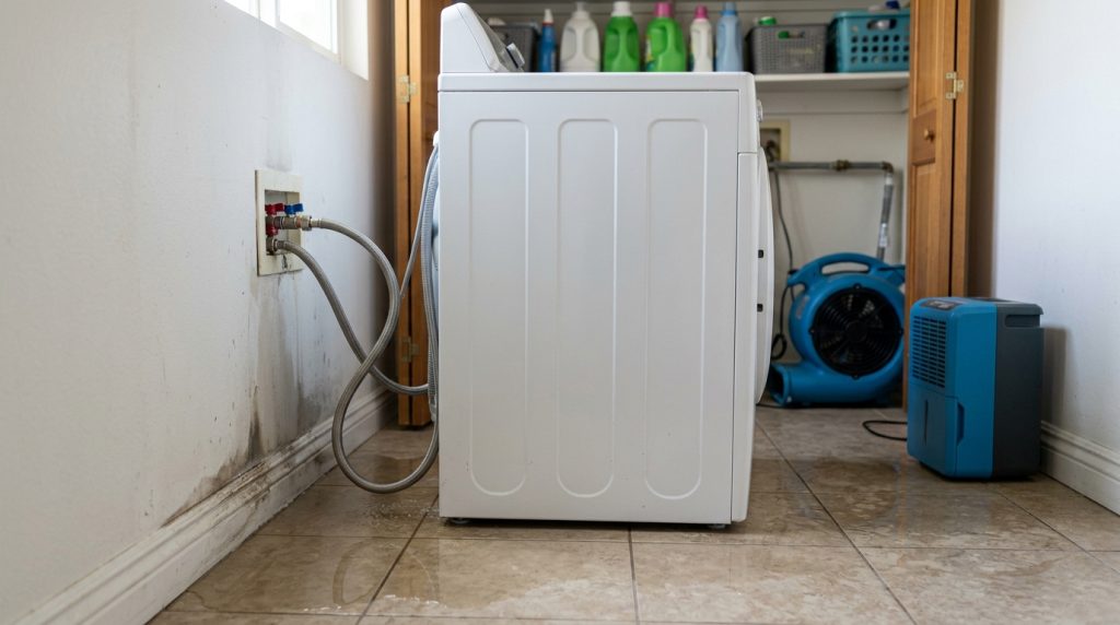 Washing machine supply hoses and drying equipment after a laundry room leak