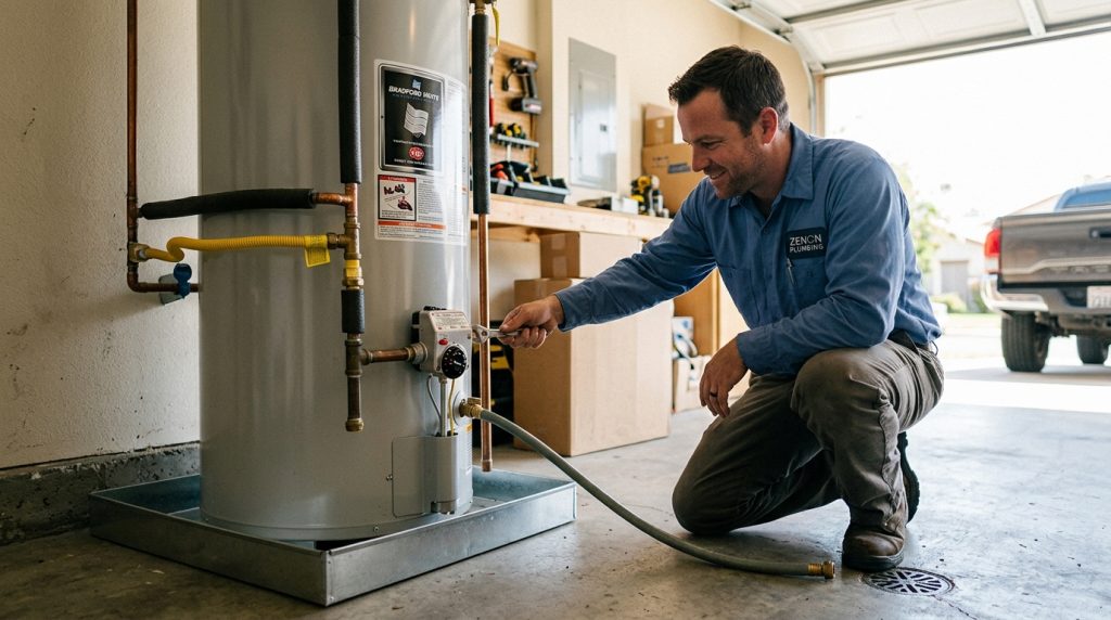 Residential water heater area being inspected for leaks and safety issues