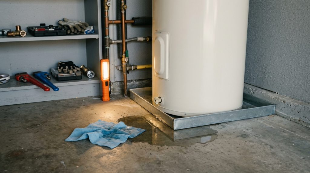 Water heater leak near a garage drain pan with towel and work light