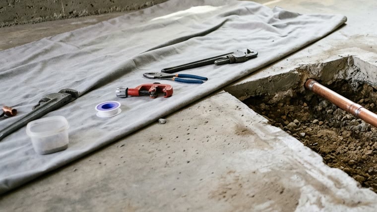 Open concrete slab repair area with exposed copper pipe and plumbing tools