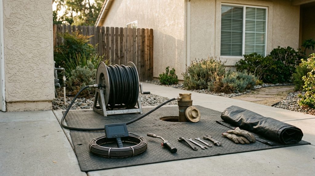 Hydro jetting hose and cleanout equipment set up beside a Southern California home