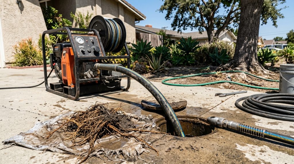 Hydro jetting equipment set up near a cleanout with removed tree roots