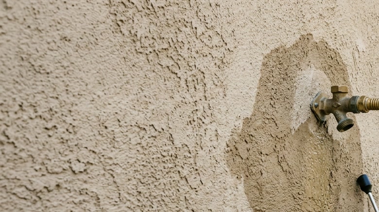 Close-up of an outdoor hose bib leak staining a stucco wall