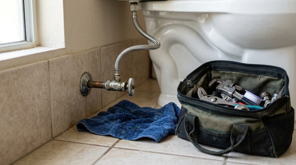 Toilet shutoff valve with towel and plumbing tool bag in a bathroom