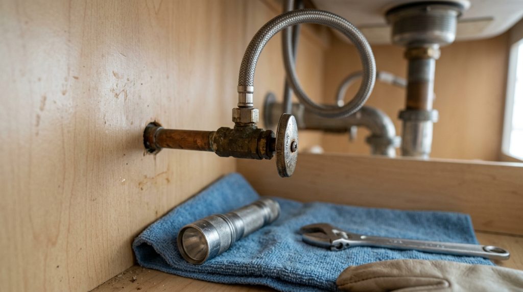 Angle stop valve and supply line under a residential sink cabinet