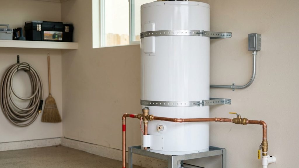 Tank-style water heater installed in a residential garage