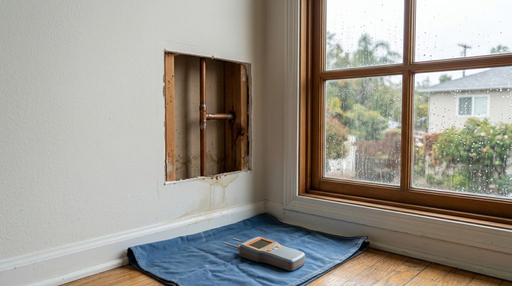 Open wall inspection beside a rain-speckled window showing copper plumbing and moisture detection equipment