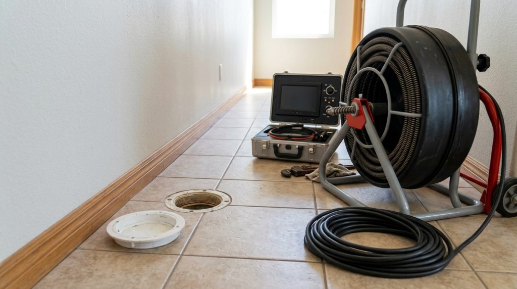 Drain cleaning equipment staged near a residential cleanout access